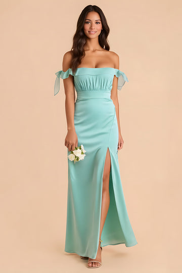 Off The Shoulder Mint Green Sheath Bridesmaid Dress With Slit